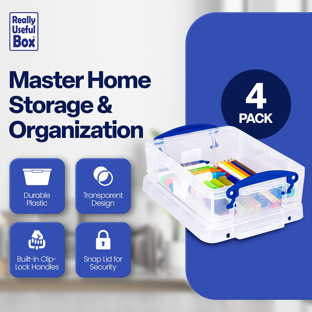 Really Useful Box 1.75 Liter Plastic Stackable Storage Container, 4 Pack