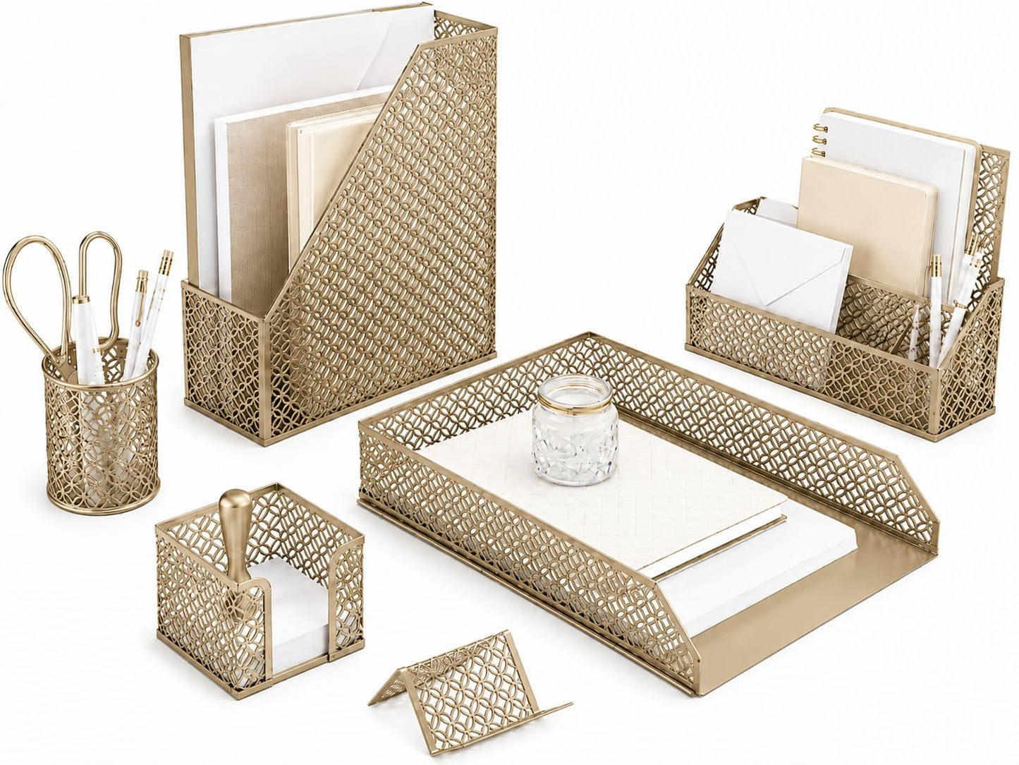 BLU MONACO | Gold Desk Organizer Set with Mail Sorter, Sticky Note Holder, Pen Cup, Magazine
