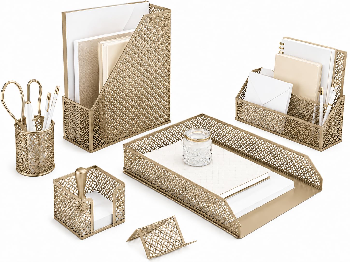 BLU MONACO | Gold Desk Organizer Set with Mail Sorter, Sticky Note Holder, Pen Cup, Magazine