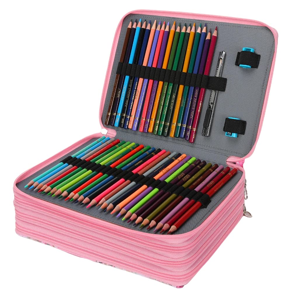 Vomgomfom 200 Slots Pencil Case 4-Layer PU Leather, Handle, Pink Rose