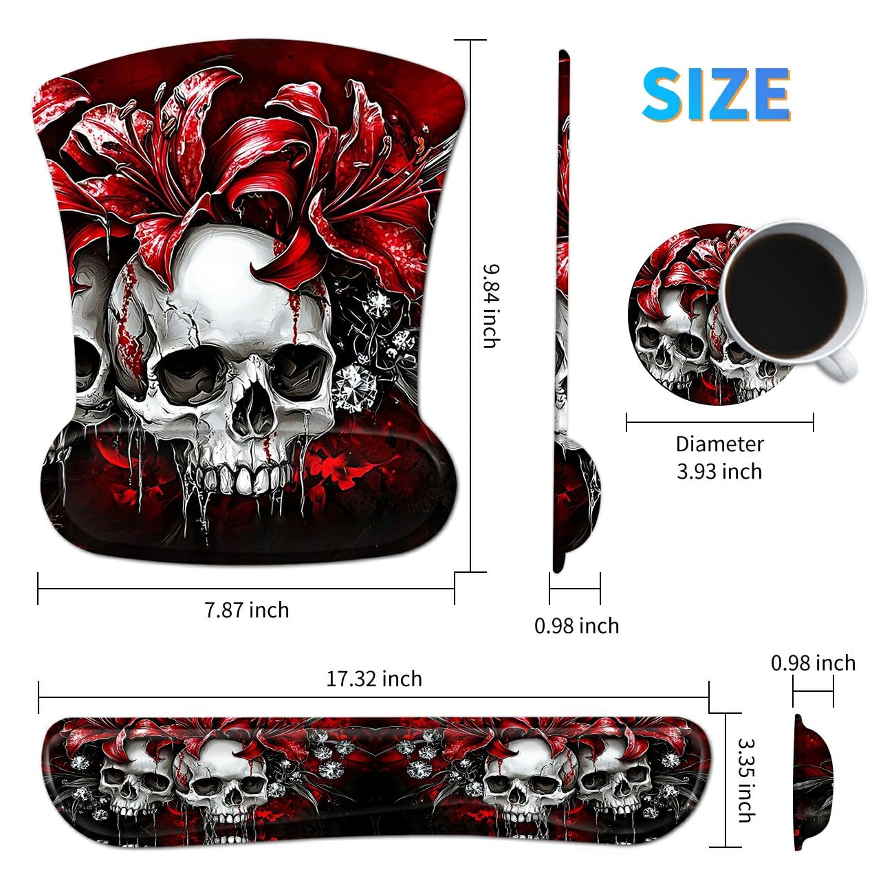 3Pcs Ergonomic Memory Foam Keyboard Wrist Rest Pad Set, Red Flower Skull
