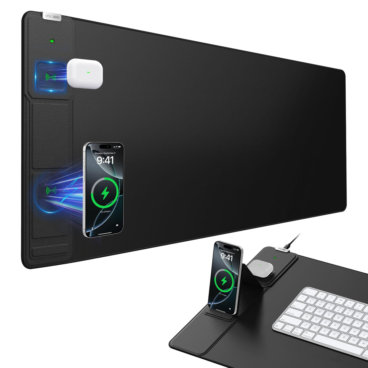 Wireless Charging Mouse Pad with Foldable Phone Holder, 31.5"x15.8", Black