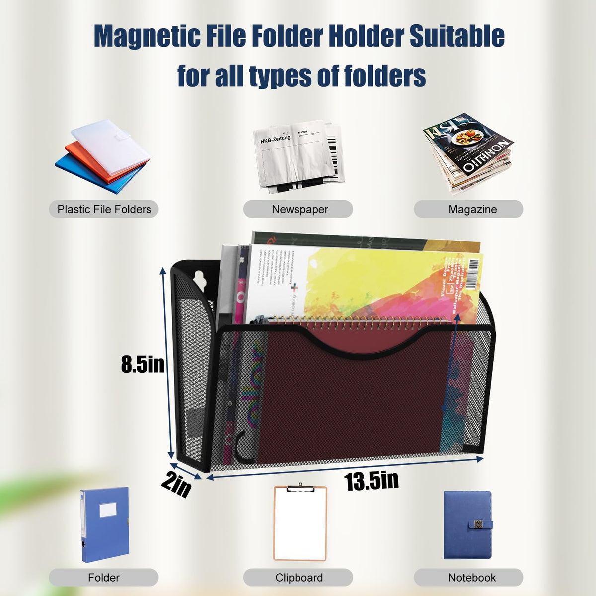 LQPAFZ Magnetic File Holder 2 Pockets File Folder Organizer, Office Hanging Magazine Rack for