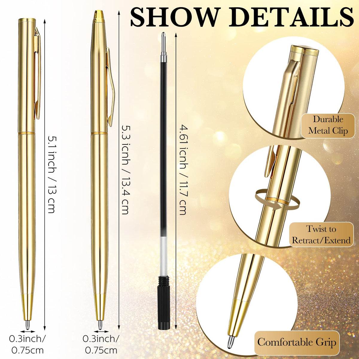 Fuutreo 50 Pack Gold Pens Bulk Metal Slim Ballpoint Retractable Black Ink
