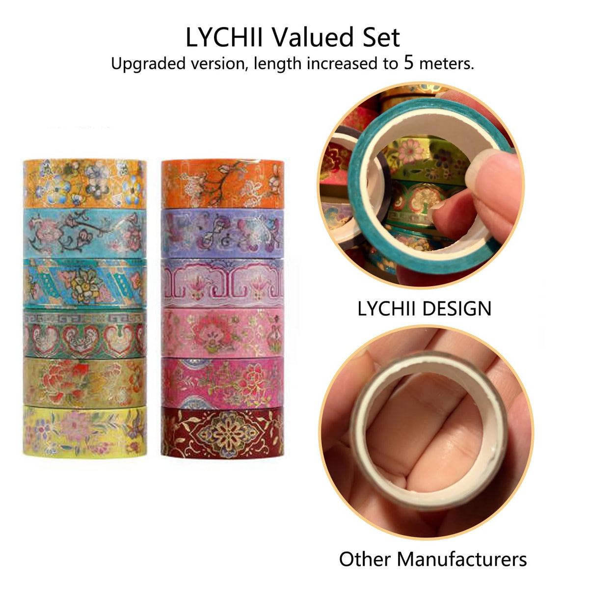 Lychii 12 Rolls Washi Tape Set, 5M/16.4Ft Long Vintage Masking Tape, 15mm
