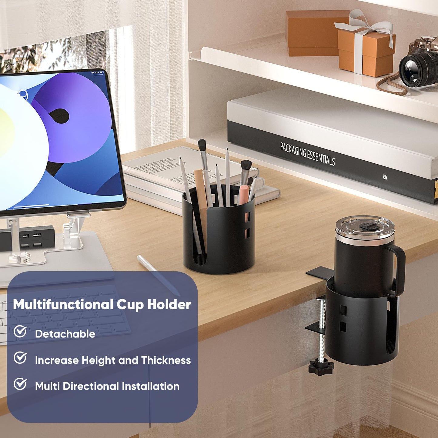 Deeper Anti-Spill Large Desk Cup Holder Clamp,Metal Table Cup Holder(Black)