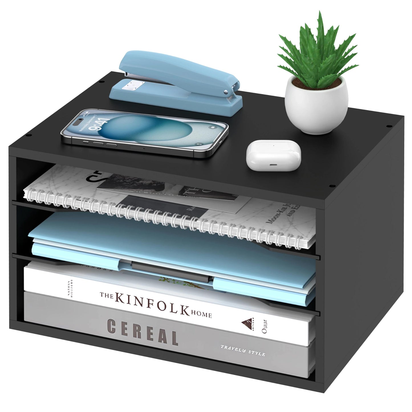 3-Tier Paper Organizer for Desk, Adjustable Mail Organizer, Black