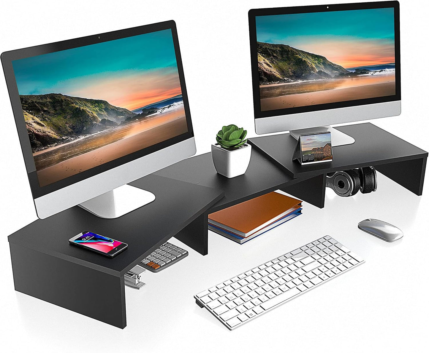 FITUEYES Dual Monitor Stand Riser, Adjustable Length and Angle, Black