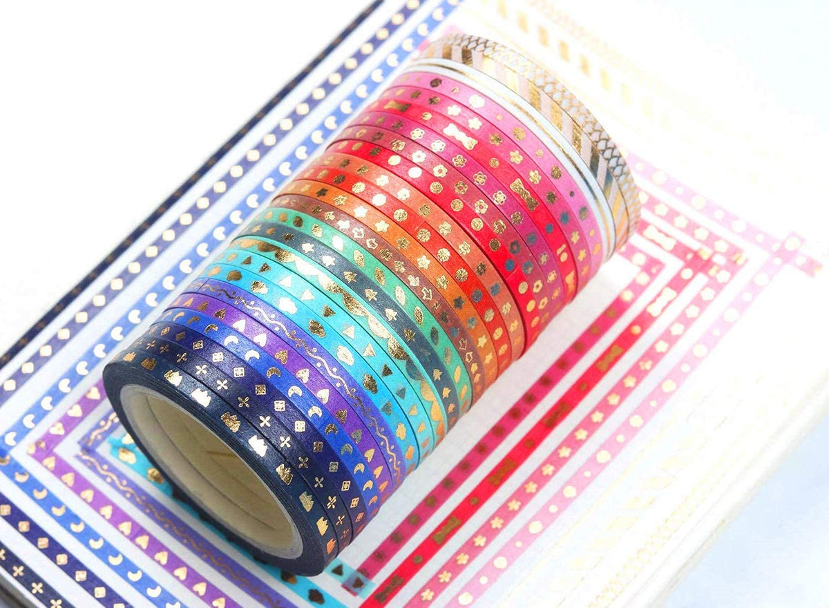 YUBX 24 Rolls Washi Tape Set Foil Gold Skinny Decorative Masking Tape 3MM Wide Scrapbook Tape for