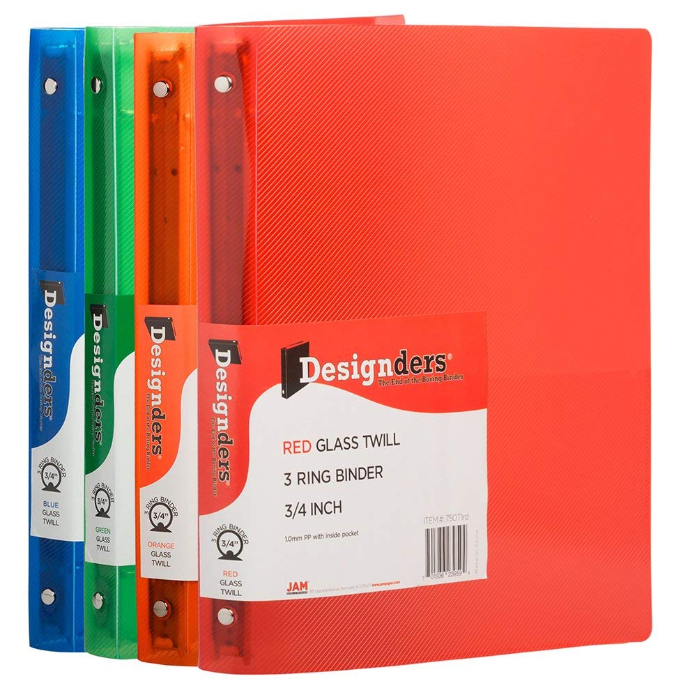 JAM PAPER Plastic 0.75 inch Binders - Assorted 3 Ring Binders (Red, Blue, Green & Orange) - 4/Pack