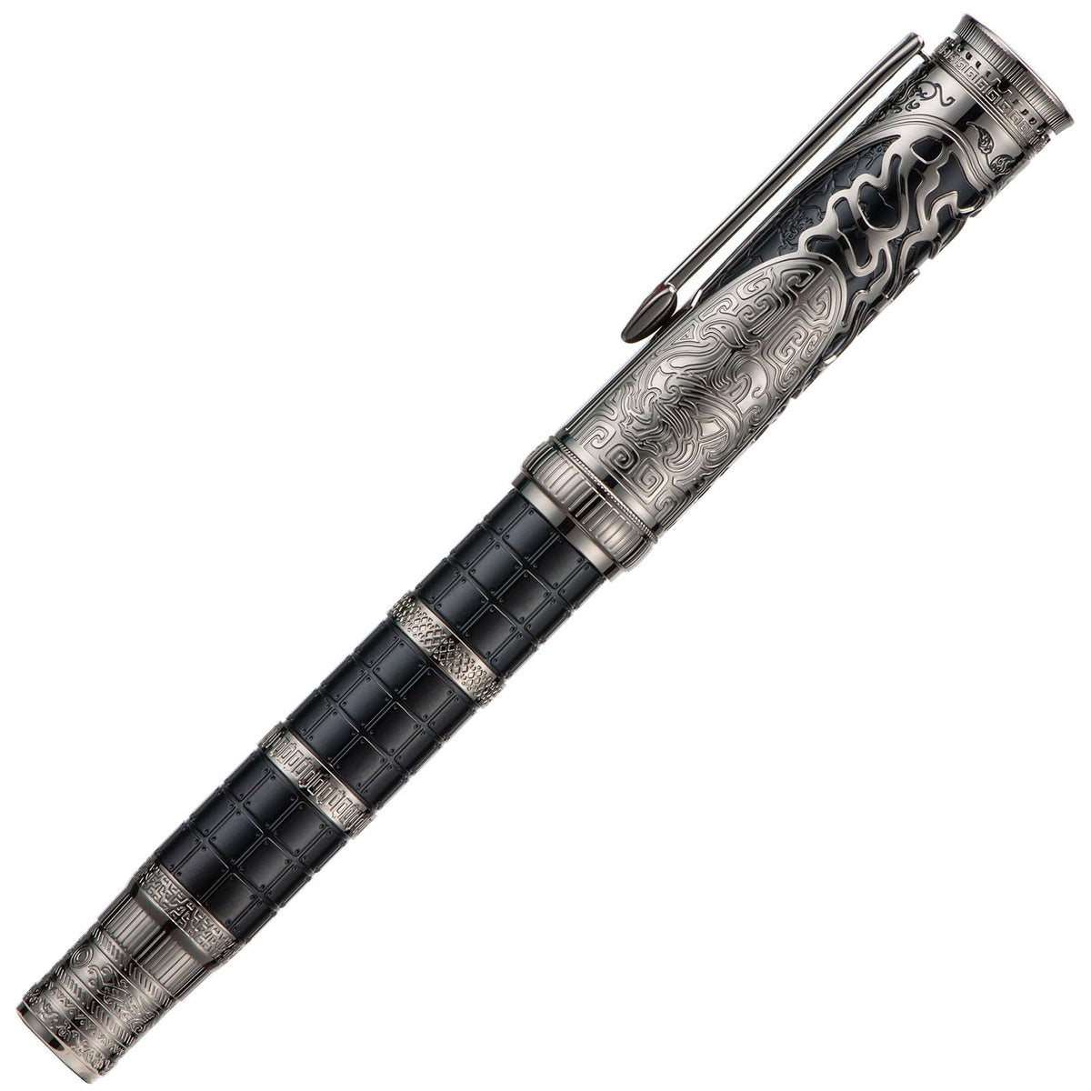 Hongdian D5X Fountain Pen Black Fine Nib, Qin Dynasty Retro Chinese Totem Engraving with Converter