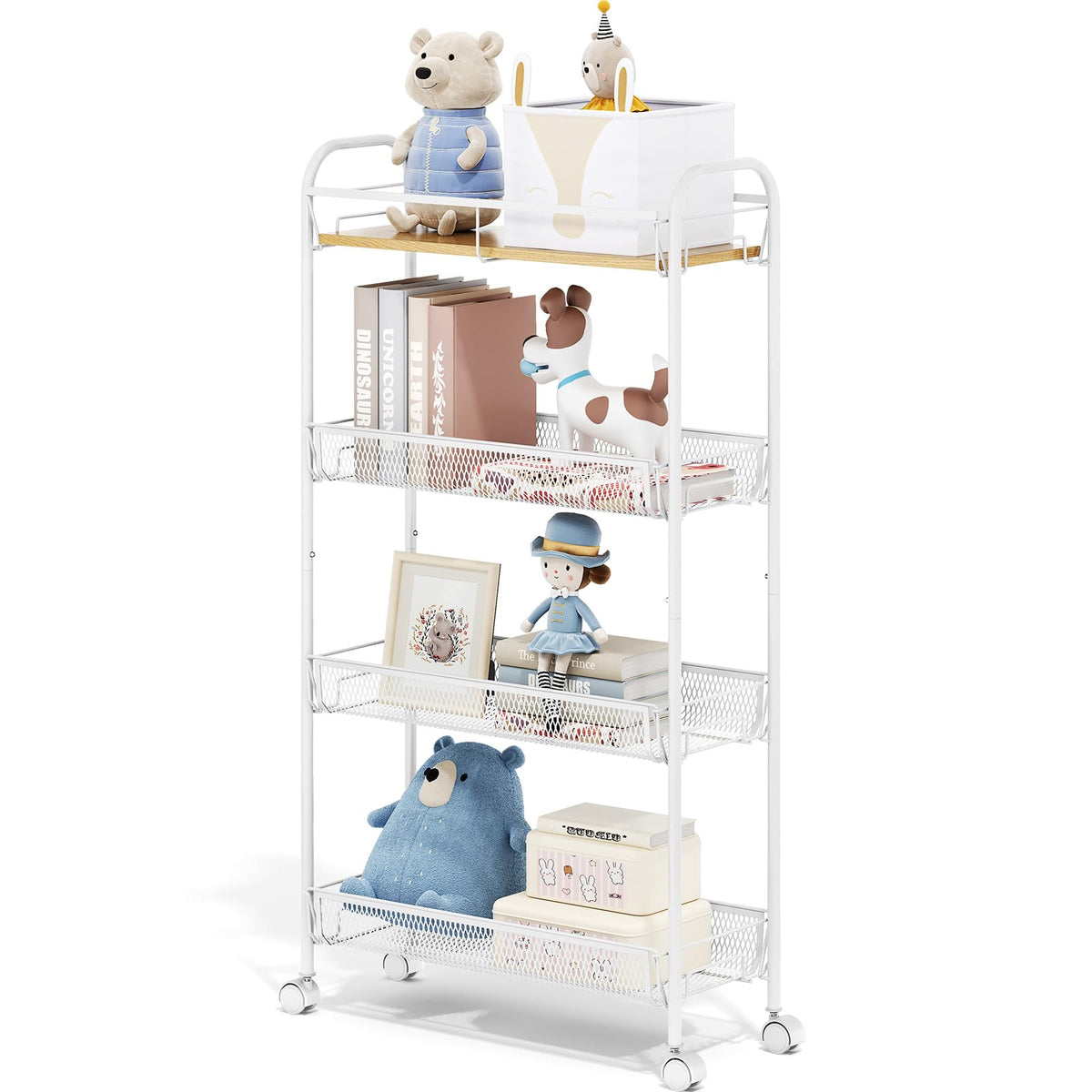 TOOLF 4-Tier Slim Rolling Cart, Metal Utility Cart, Slide Out Storage Cart with Wooden Tabletop and