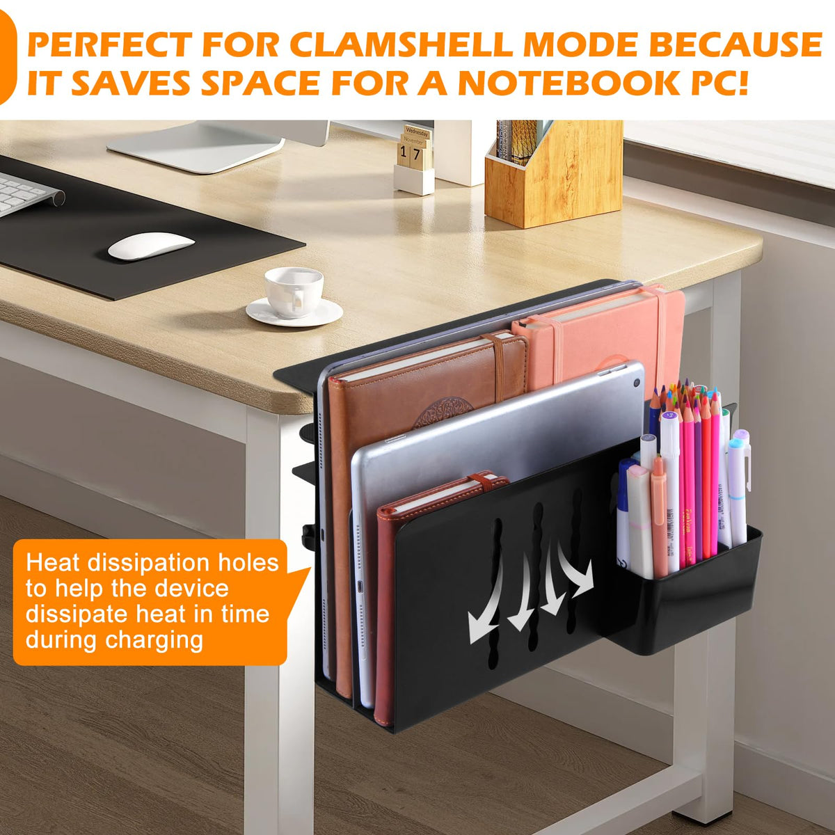 CIBOTIES Desk Side Storage, 2 Tier Steel Hanging Organizer, No Drill Side Desk Organizer, Laptop