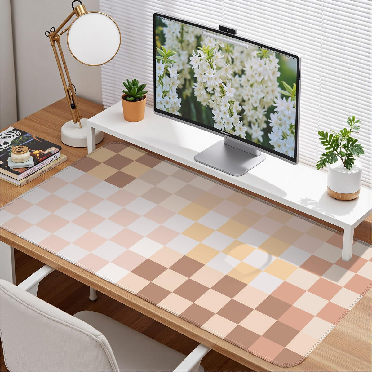 Checkered Boho Desk Mat Beige Pink Mouse Pad XXL Pastel Retro Large Mouse Pad with Stitched Edges