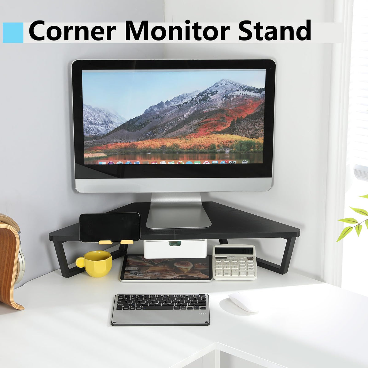 TEAMIX Corner Monitor Stand with Drawer and Phone Holder, 26x12.6x5.3in