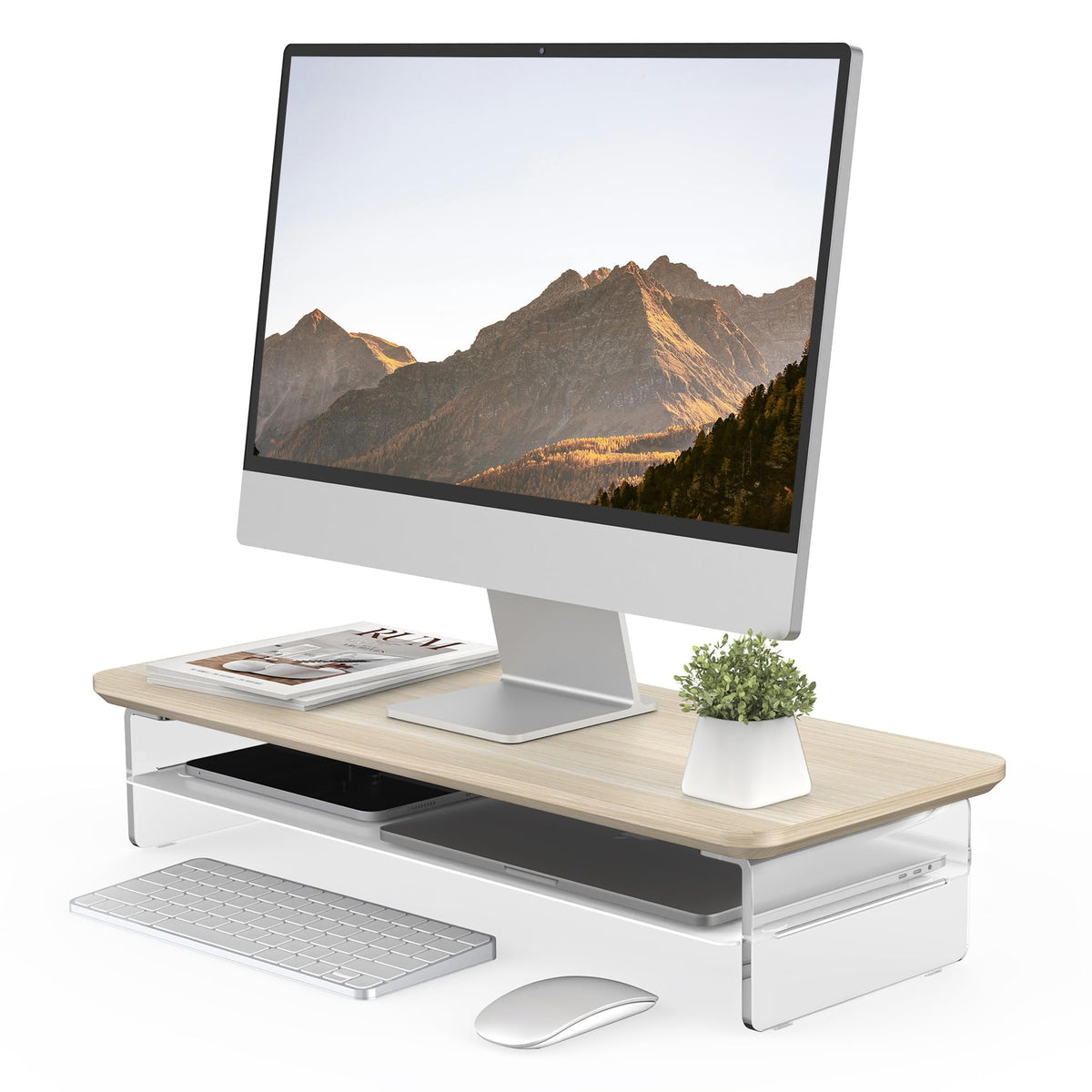 Fenge 23.6" Monitor Stand with Clear Acrylic Legs, Oak