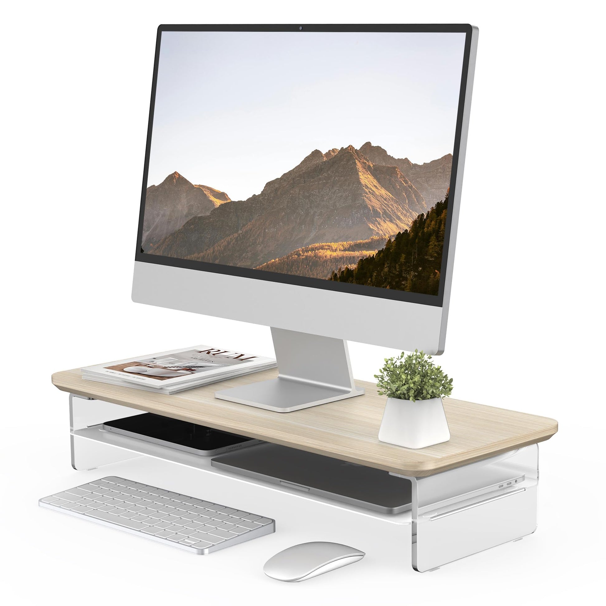Fenge 23.6" Monitor Stand with Clear Acrylic Legs, Oak