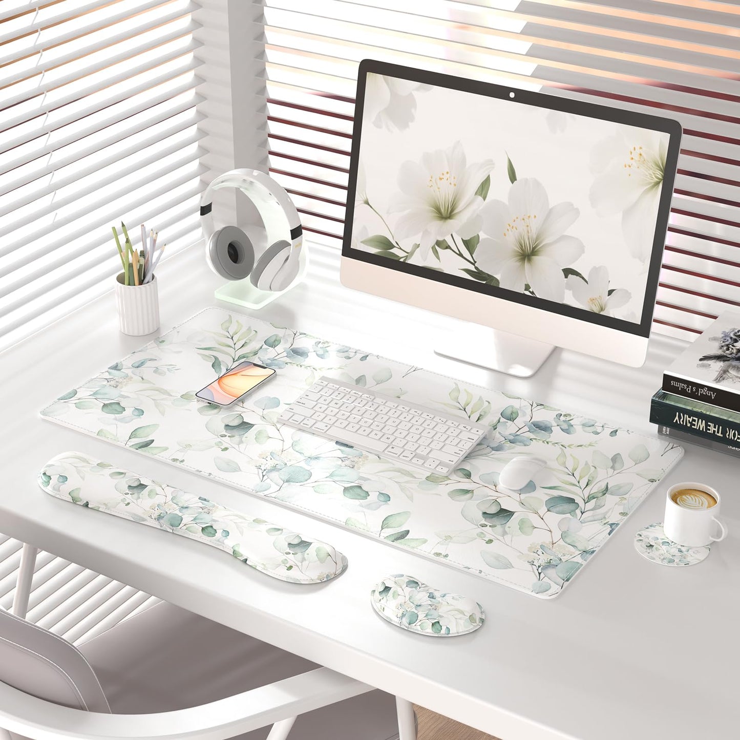 QiyI PU Leather Desk Mat Set, 4-in-1 Ergonomic Wrist Rest, Eucalyptus