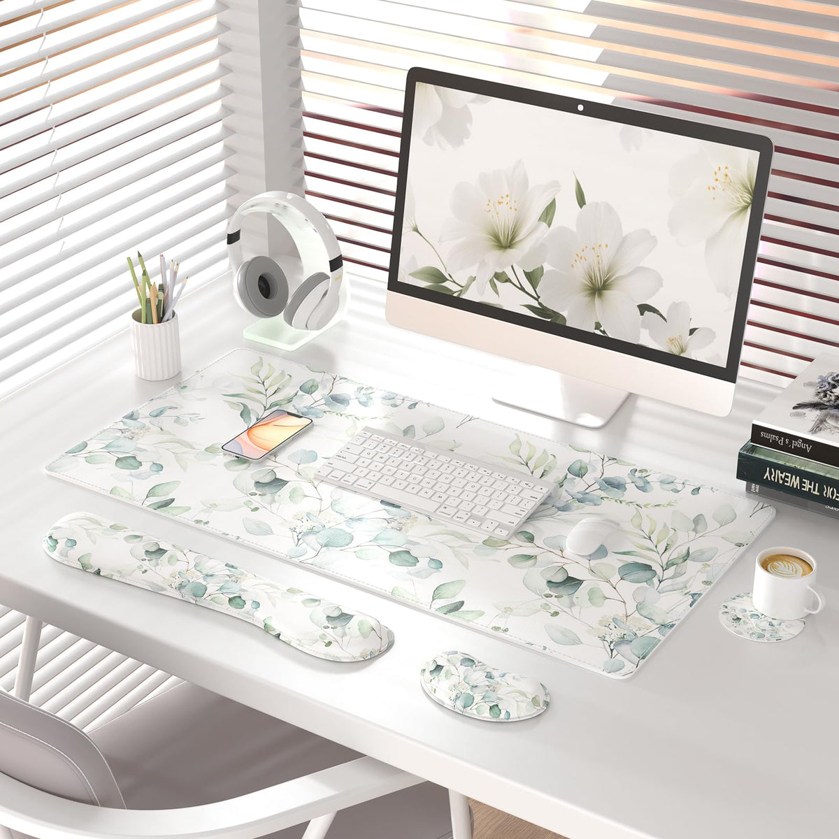 QiyI PU Leather Desk Mat Set, 4-in-1 Ergonomic Wrist Rest, Eucalyptus