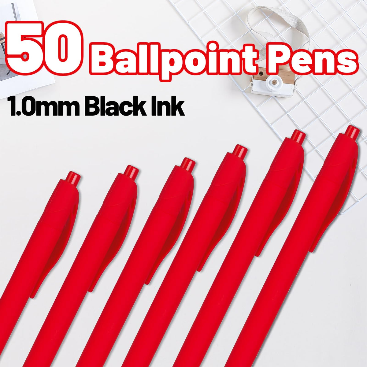 Wiaziert BallPoint Pens, 50 Pack (BLACK Ink),Bulk Pens, Red Barrel,Click Pens for Office Home and