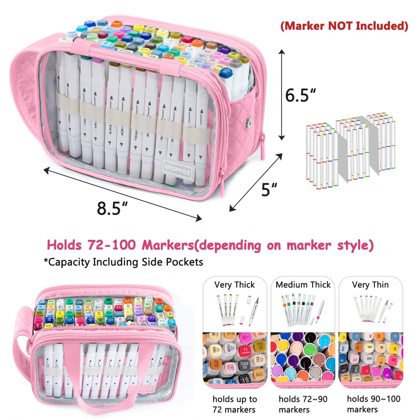 APOFFICE Marker Organizer Case – Holds 72-96Markers | Portable Art Marker Storage Bag with Clear