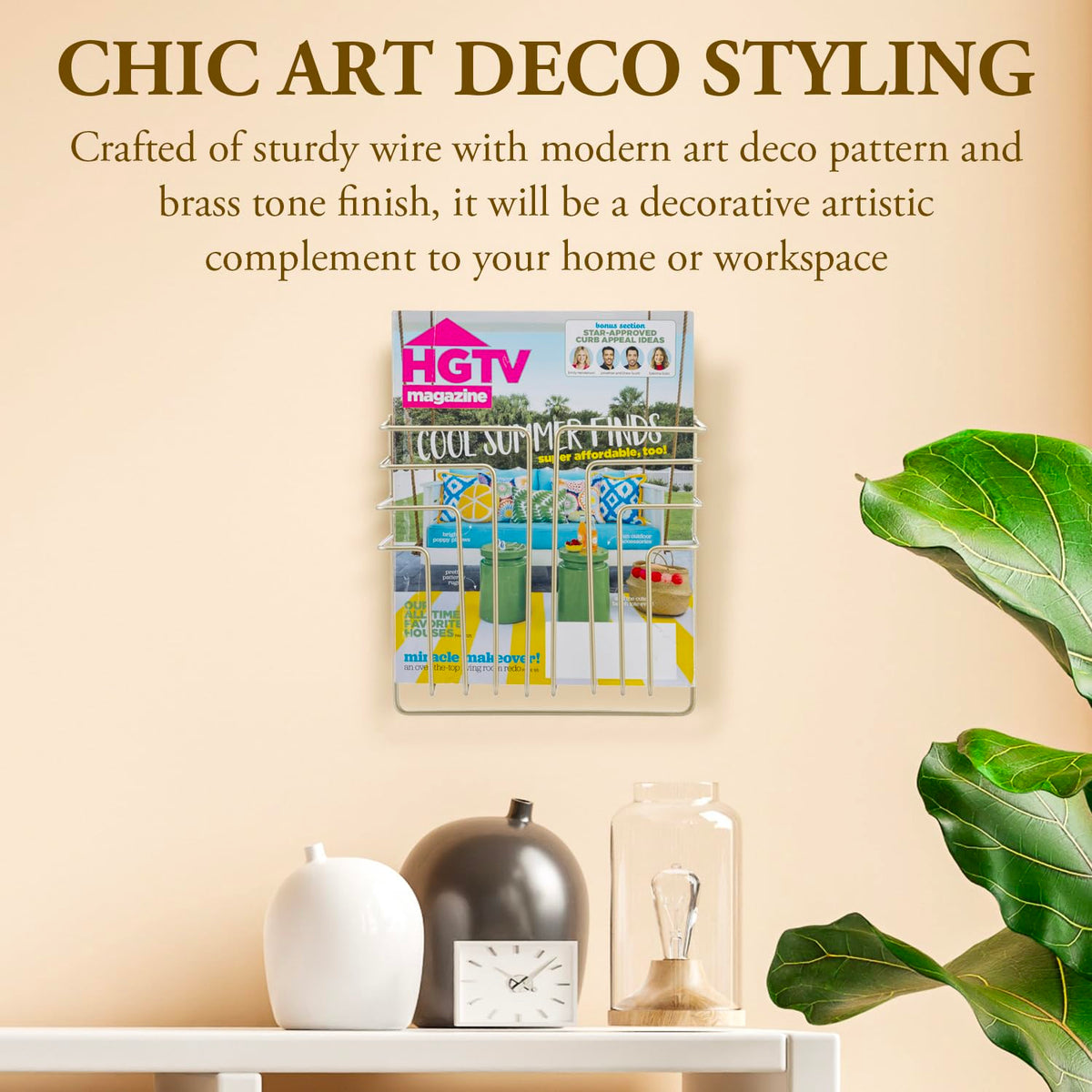 MyGift Modern Art Deco Style Brass Tone Metal Wire Floating Magazine Rack and File Folder Holder