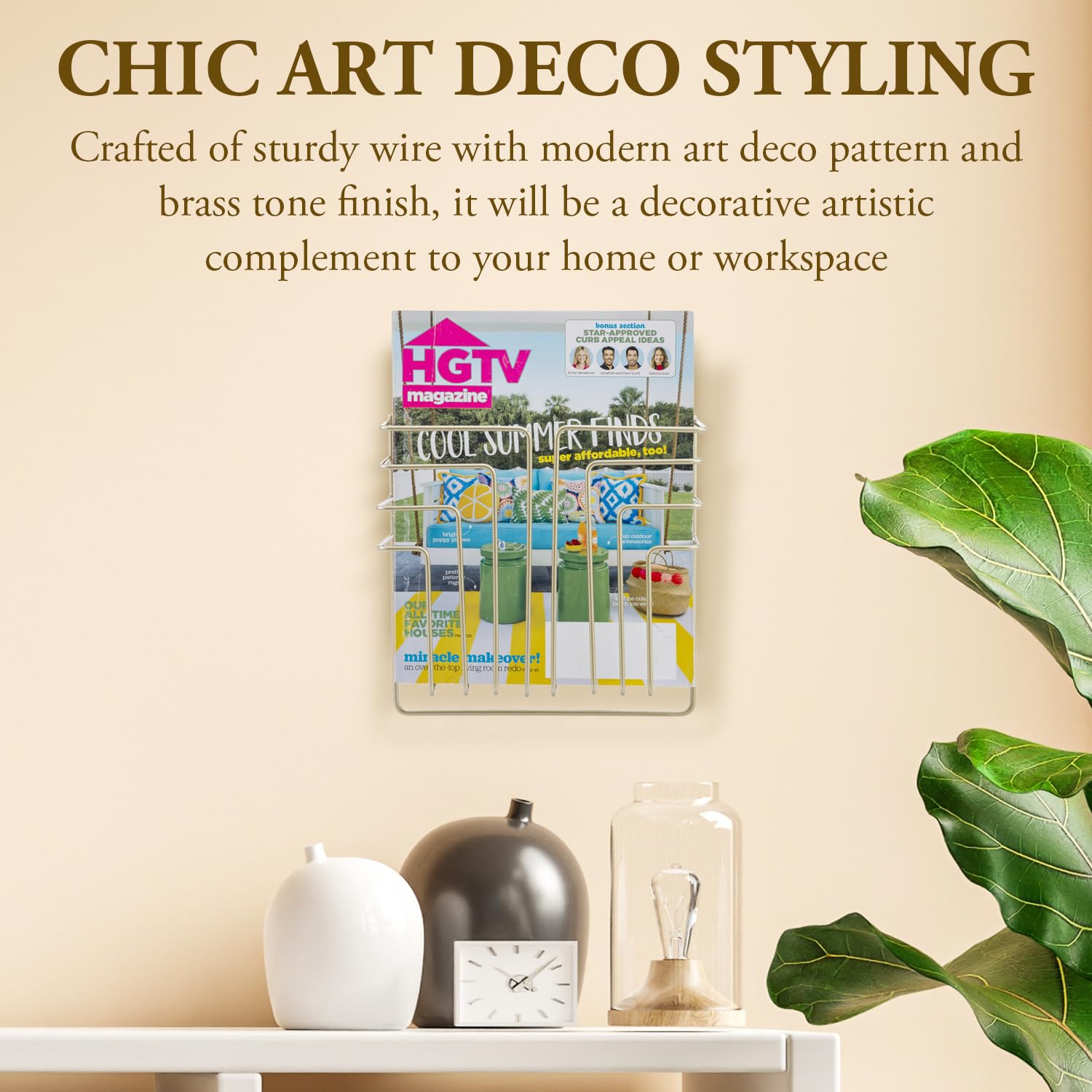 MyGift Modern Art Deco Style Brass Tone Metal Wire Floating Magazine Rack and File Folder Holder