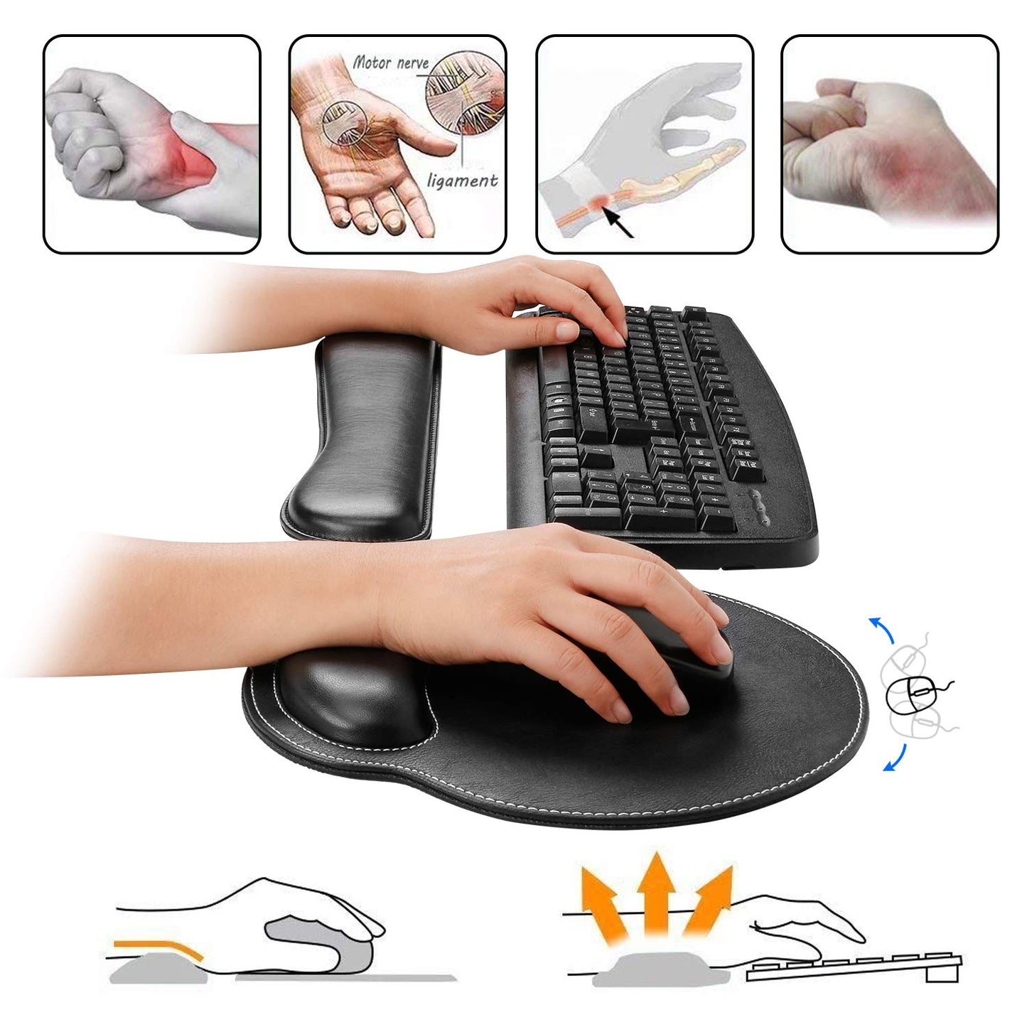 RICHEN Ergonomic PU Leather Keyboard Wrist Rest and Mouse Pad with Wrist Support, Memory Foam Set