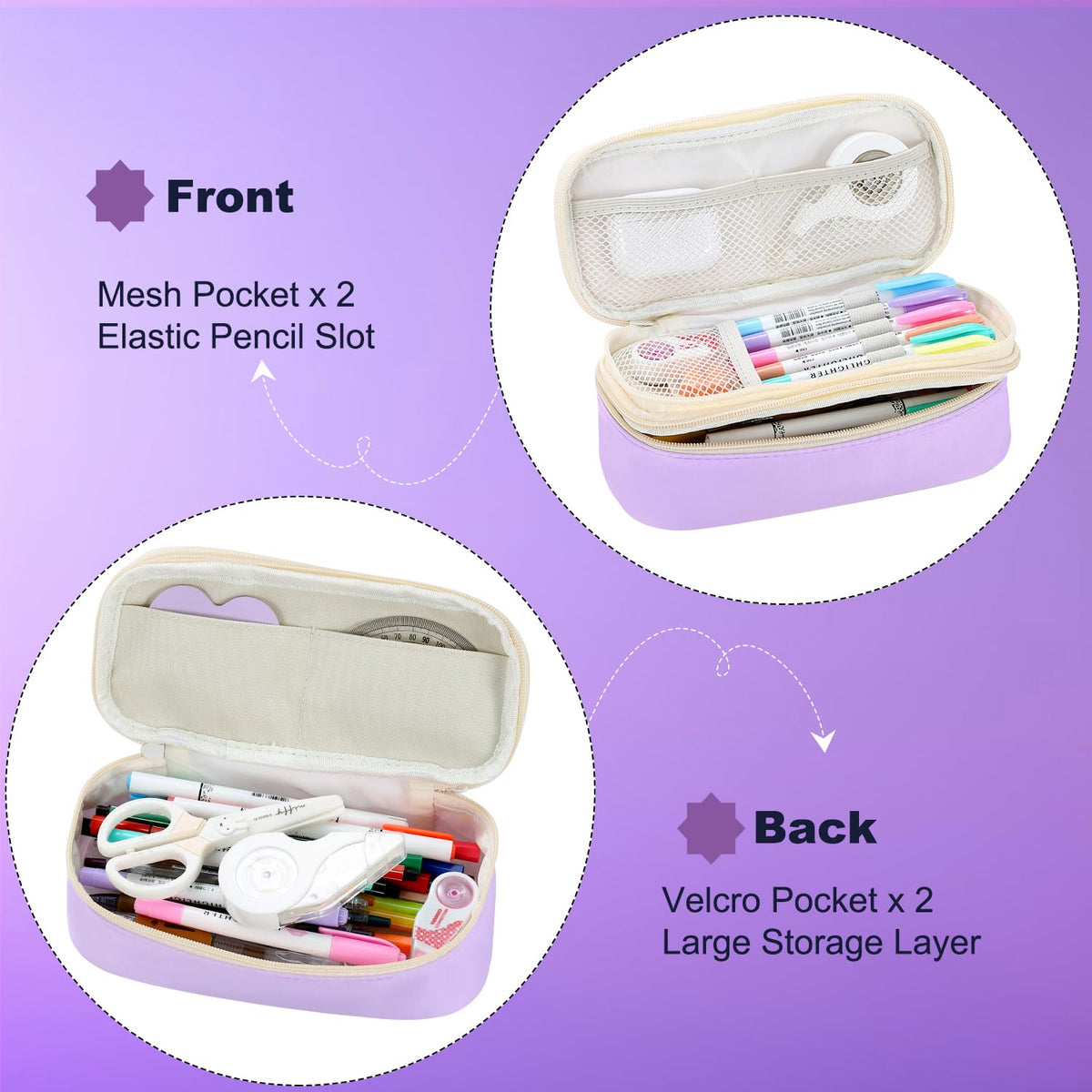 Large Pencil Case for Girls Teens Kids School Pencil Bag with Zipper Purple