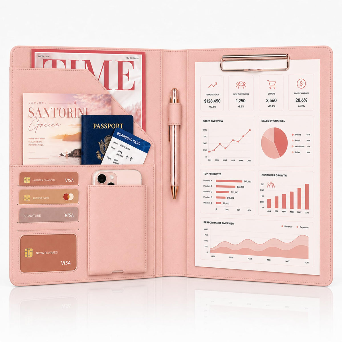 Darolin Leather Portfolio Padfolio with Clipboard -Business Folder Rosegold