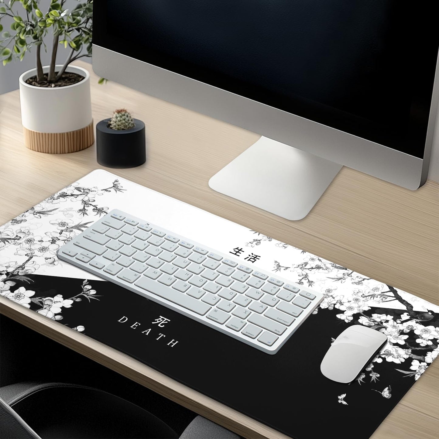 Black and White Cherry Blossom Gaming Mouse Pad XL，Large Mouse Pad Japanese Sakura Death Life Mouse