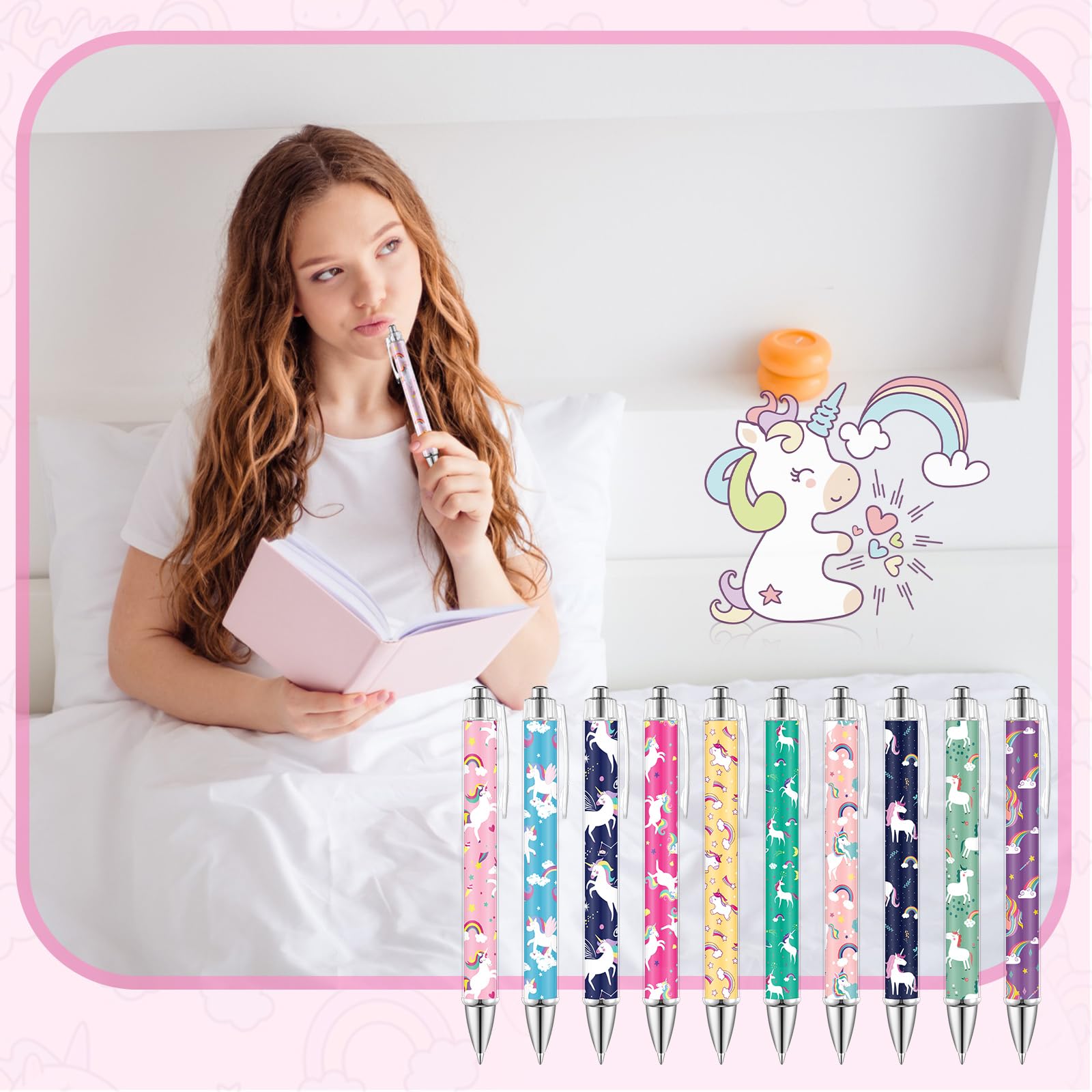 TecUnite 30 Pcs Unicorn Ballpoint Pens Cute Cartoon Unicorn Pens 1.00 mm Cute Black Ink Rainbow