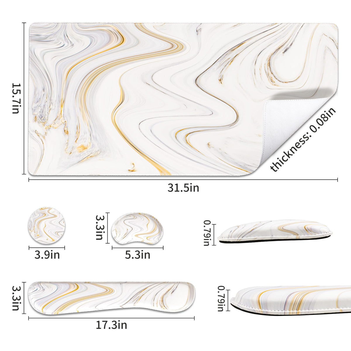 QiyI PU Leather Desk Mat Set, 4-in-1 Ergonomic Wrist Rest, Marble Stripes