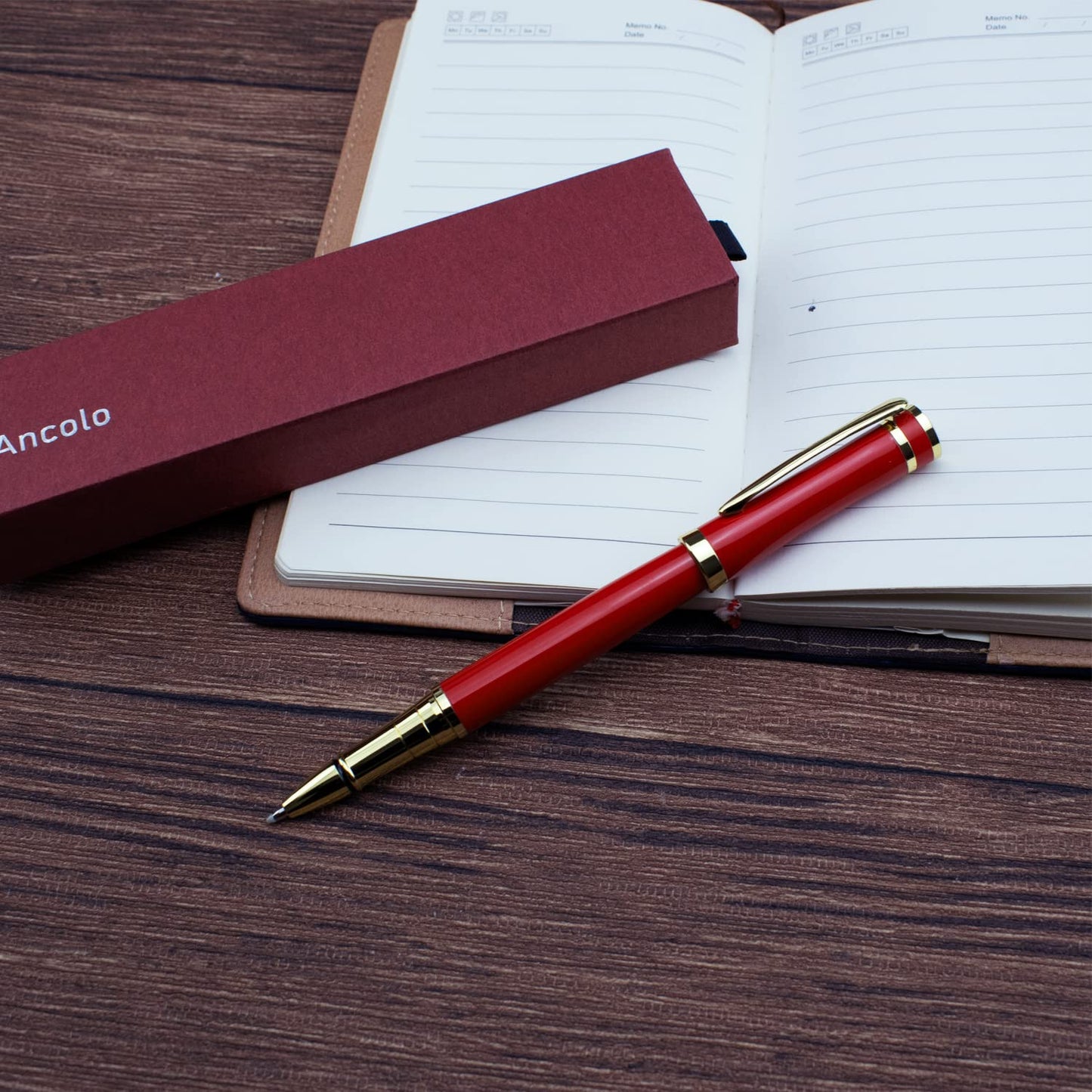 Ancolo Luxury Pen Set- High End Gift Box, Red Color, Refillable, Black Ink Refill Included - 0.7