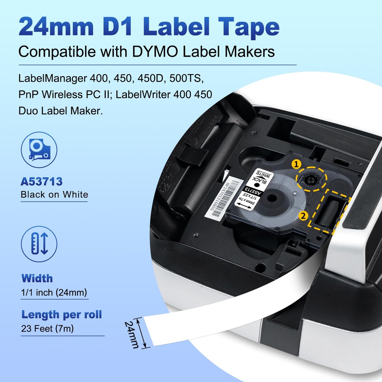 6X Replace for Dymo 1 Inch D1 Label Tape 53713 24mm Black on White Cassette