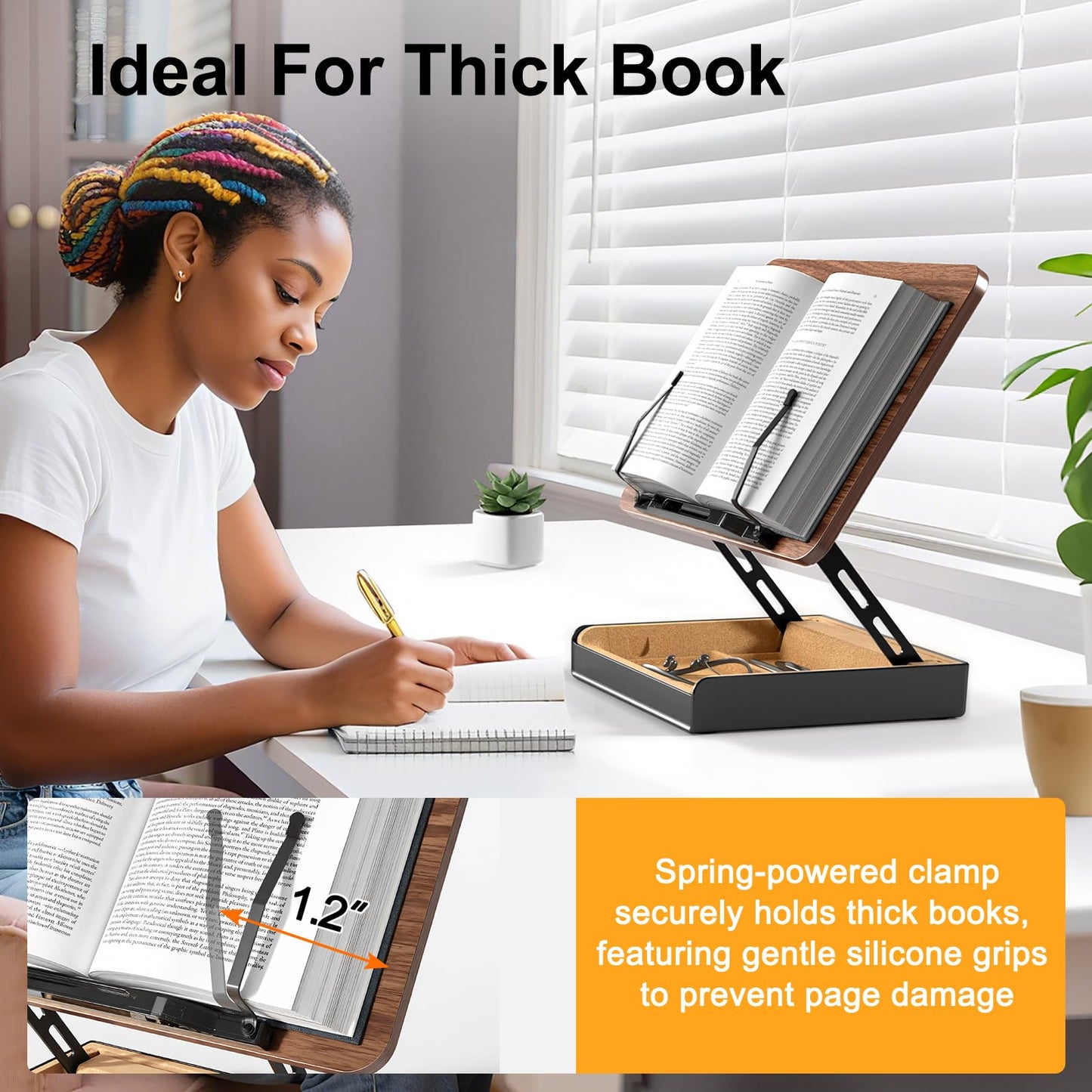 HUMANCOZY Book Stand with Storage, Book Holder for Reading Hands Free
