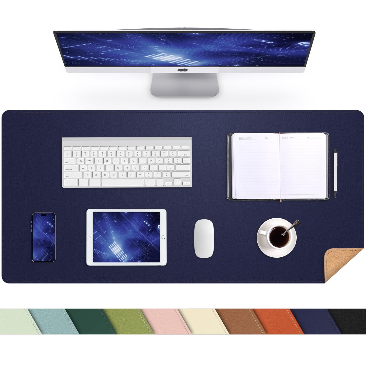 AFIING Desk Mat, Blue, 35.4" x 17", Cork Desk pad Protector