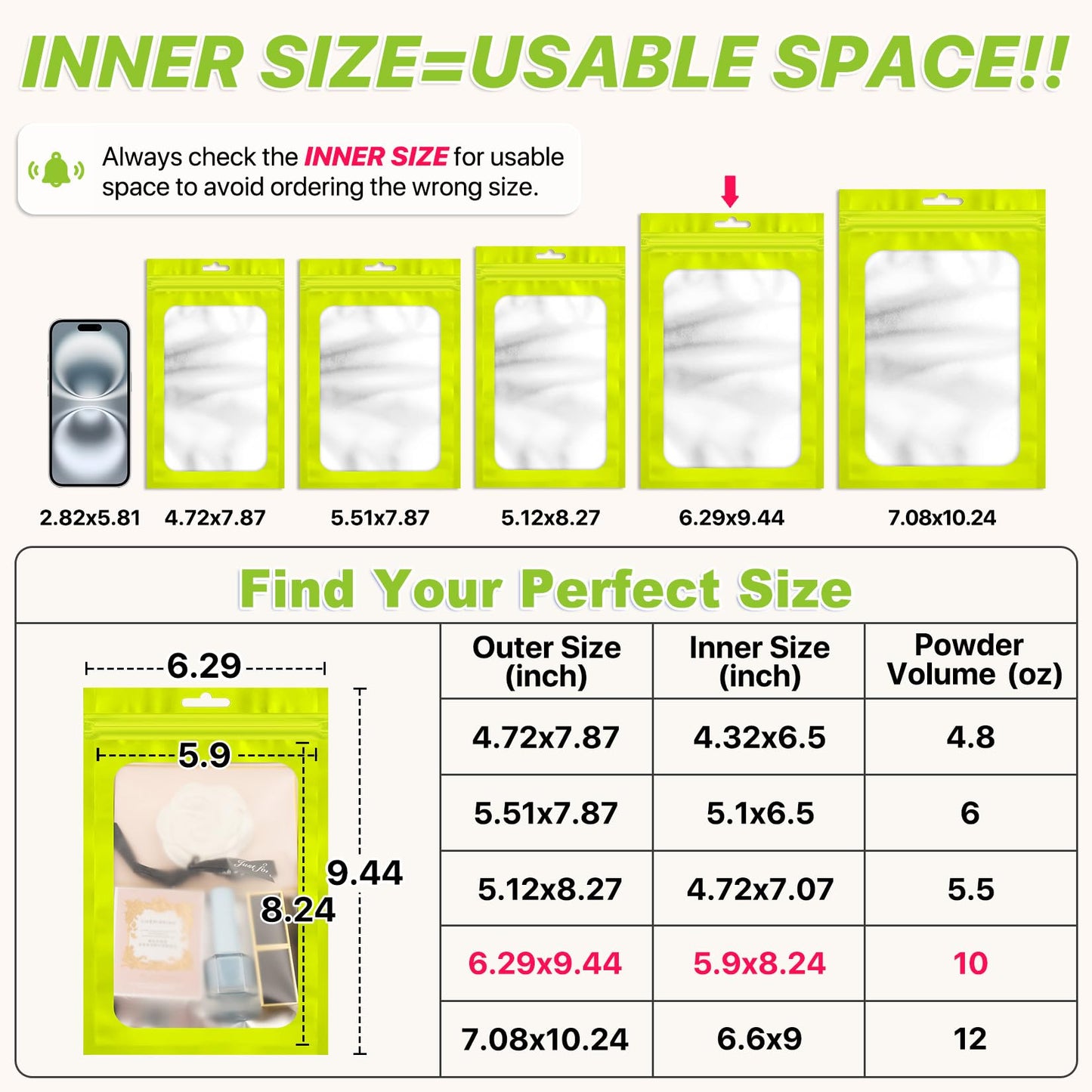 ANZNKU 100Pcs Green Mylar Bags, Resealable Smell Proof Zip Goodie Baggies