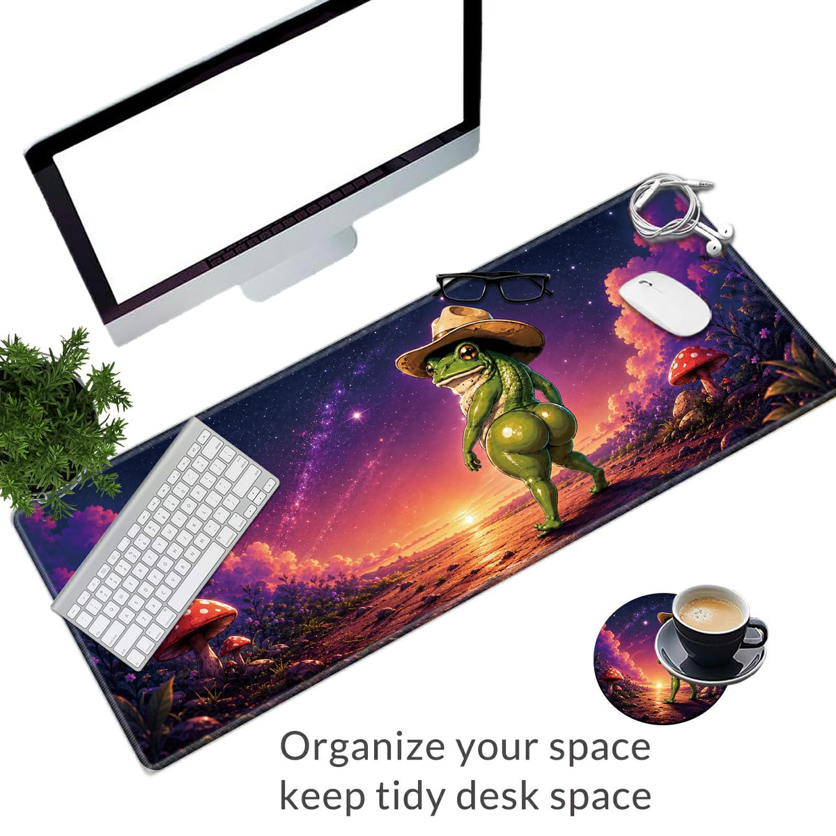 Cosmic Cowboy Frog Large Mouse Pad, 31.5 x 11.8 in Extended Desk Mat