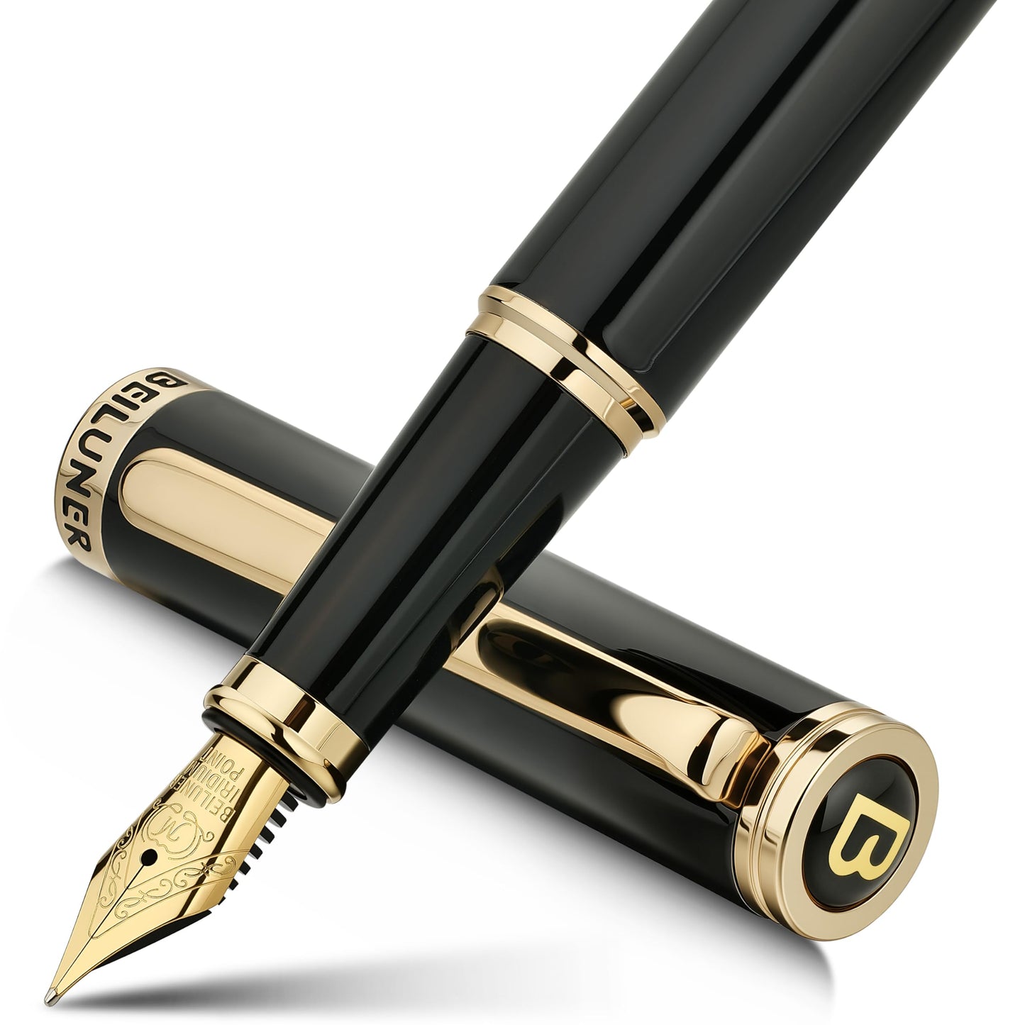 BEILUNER Black Fountain Pen,Stunning Luxury Pens with 24K Gold Accents, Gorgeous 24K Gilded
