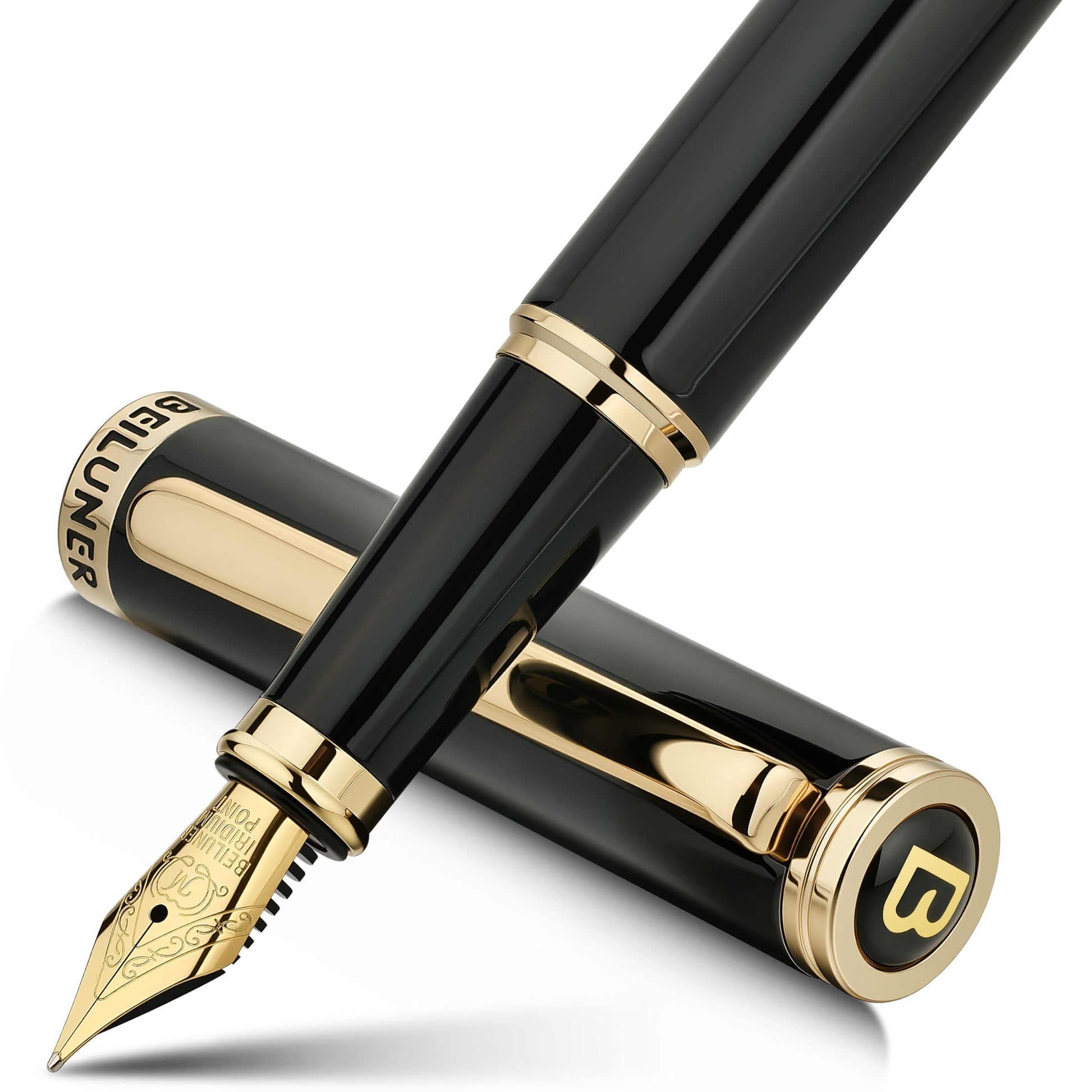 BEILUNER Black Fountain Pen,Stunning Luxury Pens with 24K Gold Accents, Gorgeous 24K Gilded