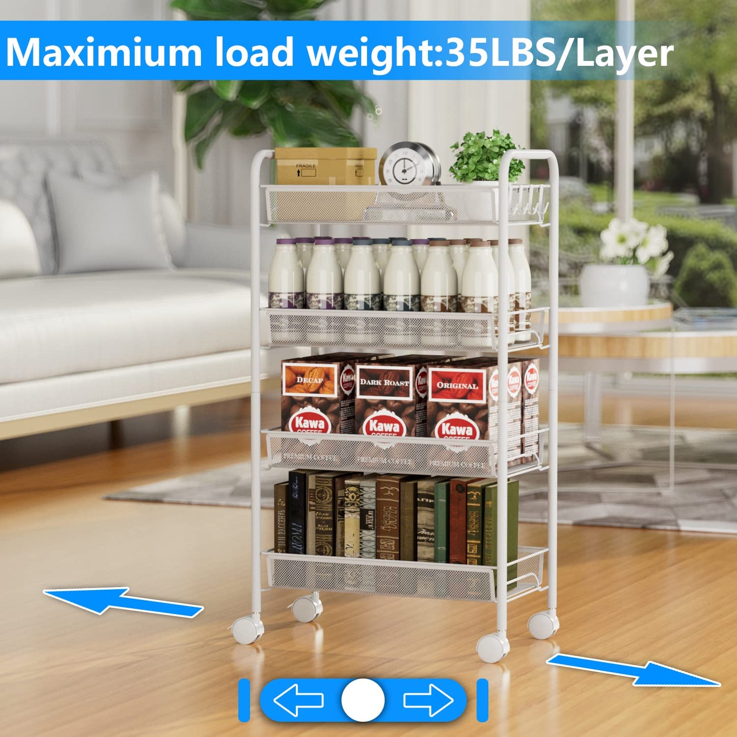 4-Tier Mesh Rolling Cart - 35 BLS/Tier Full Metal Cart with Wheel & 4 Hooks