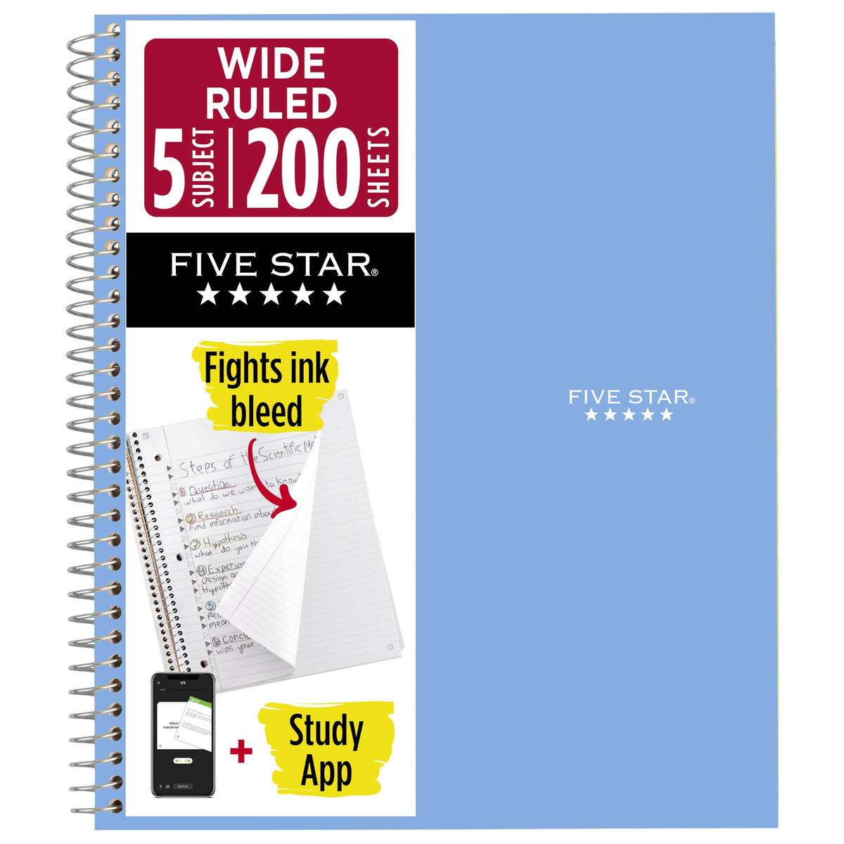 Five Star Spiral Notebook + Study App, 5 Subject, Wide Ruled Paper, 8" x 10-1/2", 200 Sheets