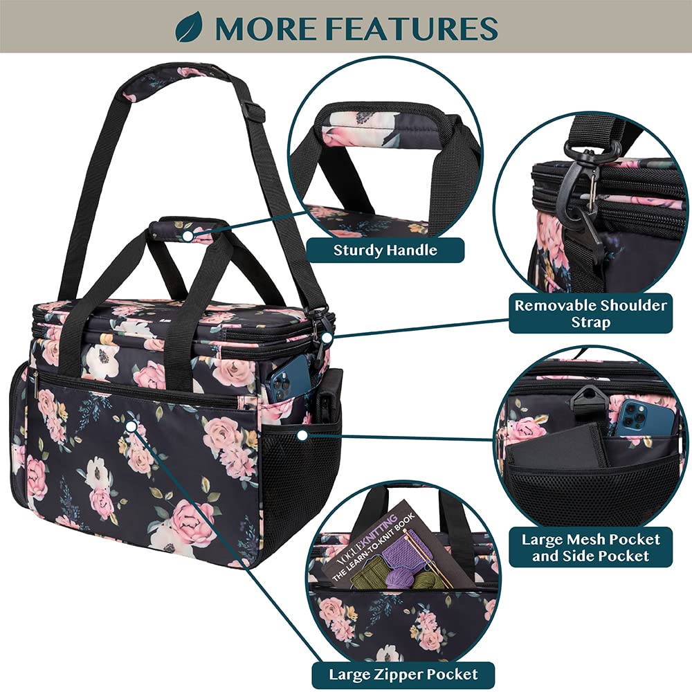 PAVILIA Knitting Yarn Storage Bag Crochet Knitter Organizer, Floral Black