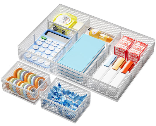 Marbrasse Mesh Desk Drawer Organizer Tray 3 Packs, White