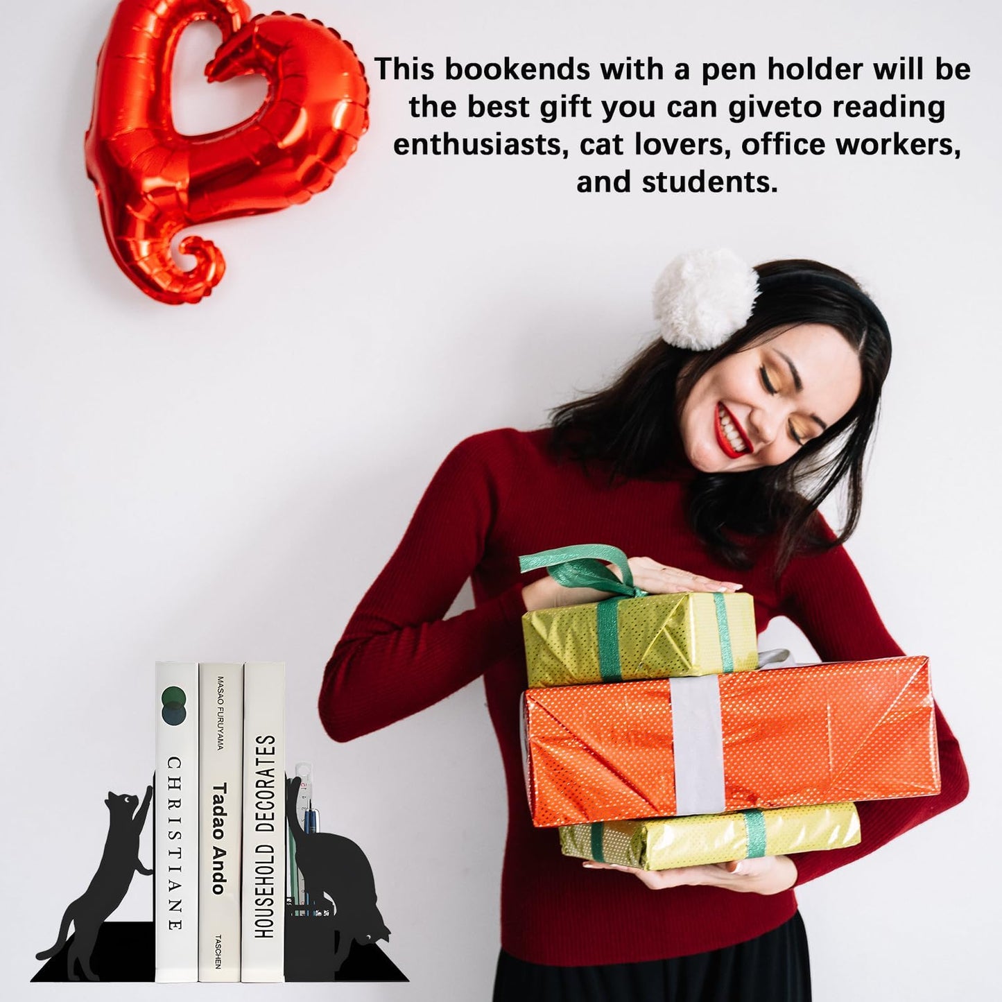 Cat Metal Bookends with Pen Holder, Cute Book Ends for Shelves Decorative