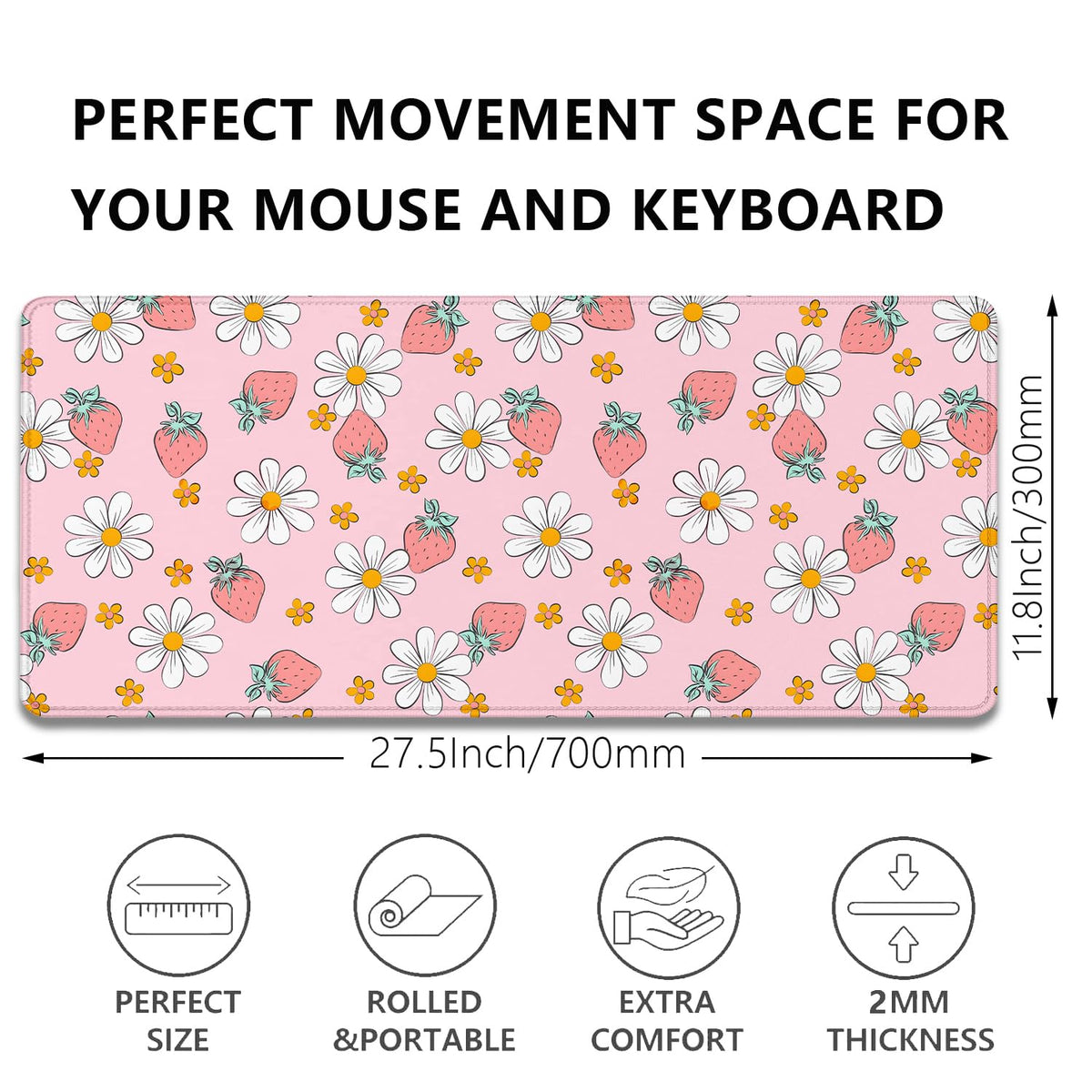Strawberry Mouse Pad Desk Mat,Pink Large Large Gaming Mouse Mat with Stitched Edges,Non-Slip