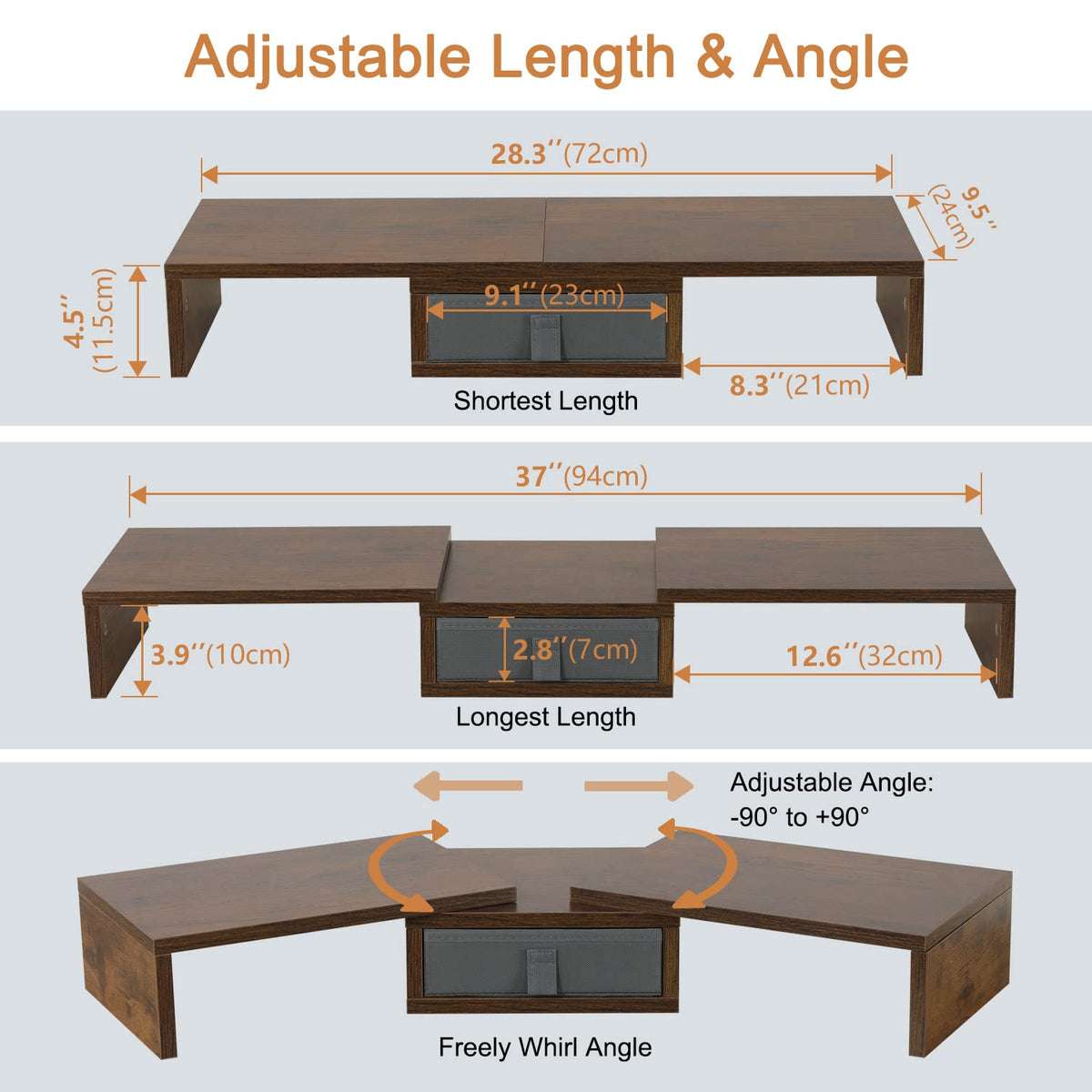 TEAMIX 3 Shelf Monitor Stand Riser With Drawer - Length and Angle Adjustable Dual Riser With