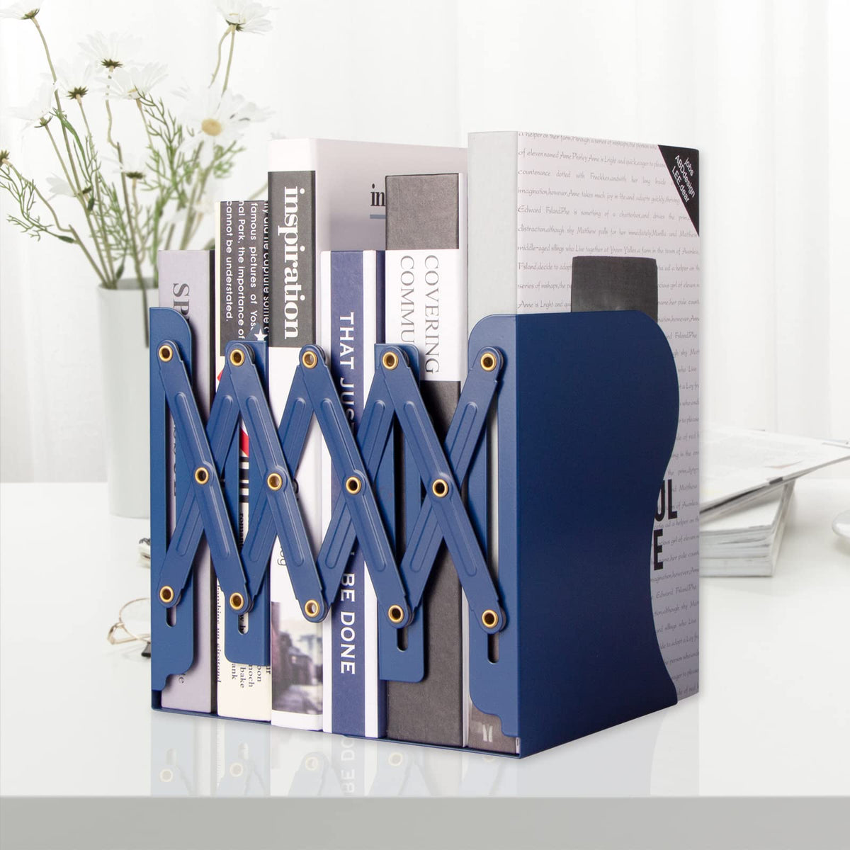Aobopar Adjustable Metal Book Ends for Shelves Dark Blue