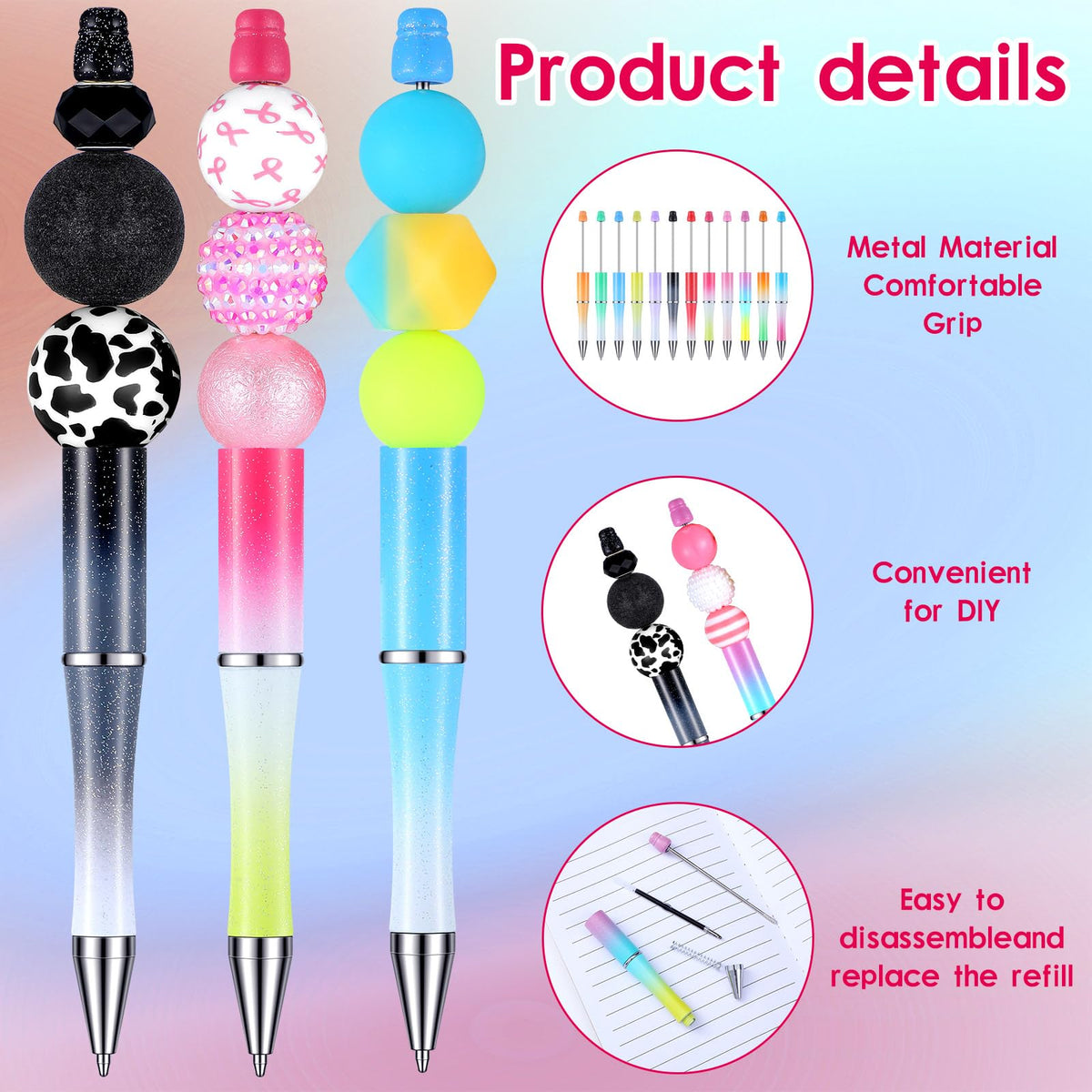 Tenceur 148 Pcs Beadable Pen Set Back to School Gift 48 Plastic Beadable Pen 48 Resealable Pouch